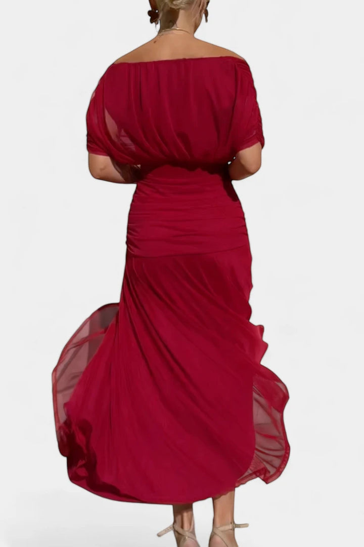 Women's Elegant Wedding Guest Maxi Dress with Off Shoulder