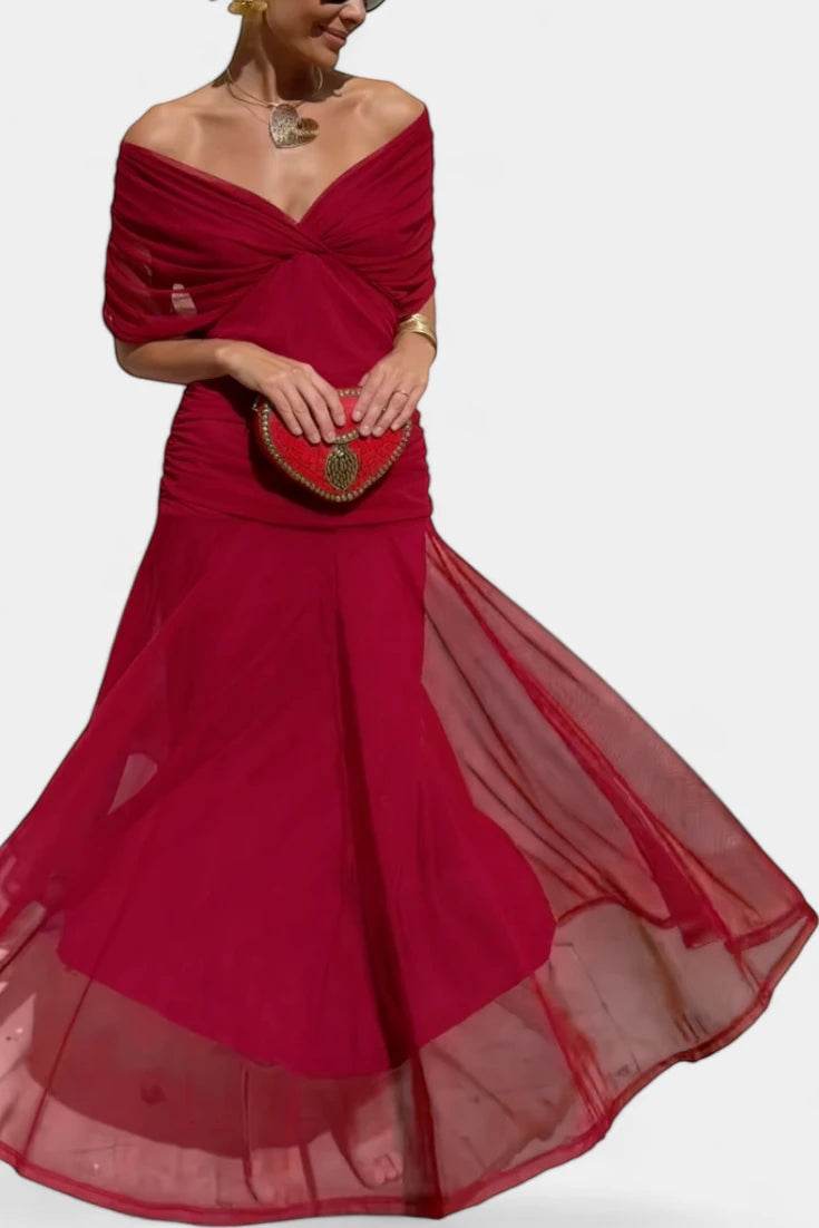 Women's Elegant Wedding Guest Maxi Dress with Off Shoulder