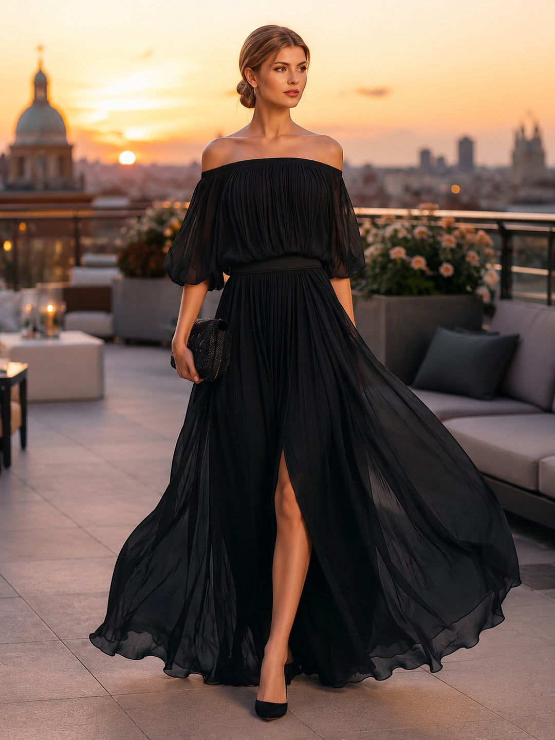 Women's Formal Elegant Maxi Dress with Puff Sleeve