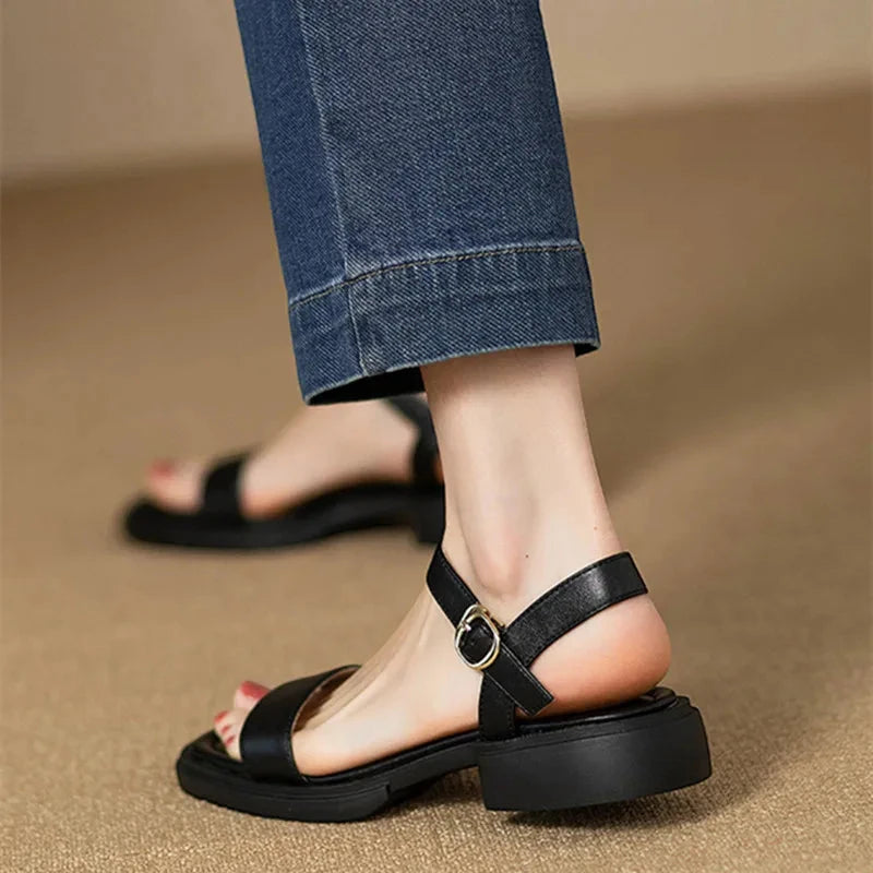 Women's Flat Block Heels Sandals with Adjustable Strap