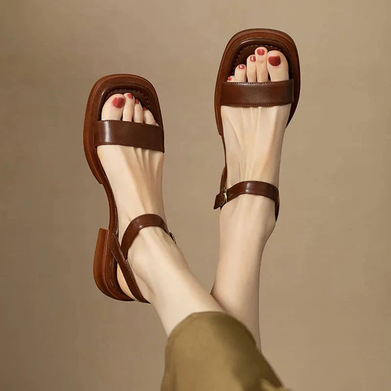 Women's Flat Block Heels Sandals with Adjustable Strap