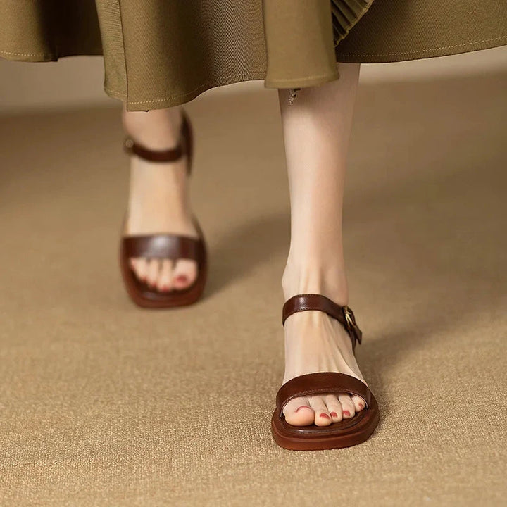 Women's Flat Block Heels Sandals with Adjustable Strap