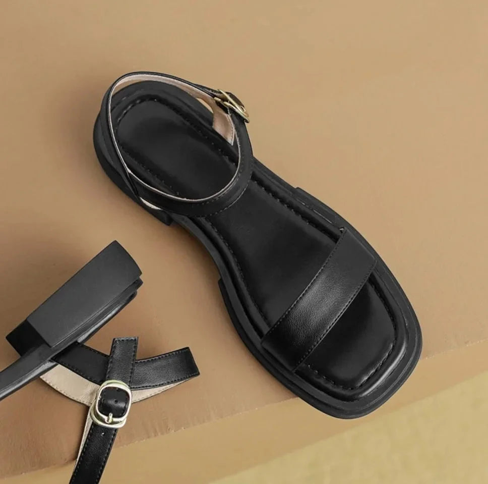 Women's Flat Block Heels Sandals with Adjustable Strap