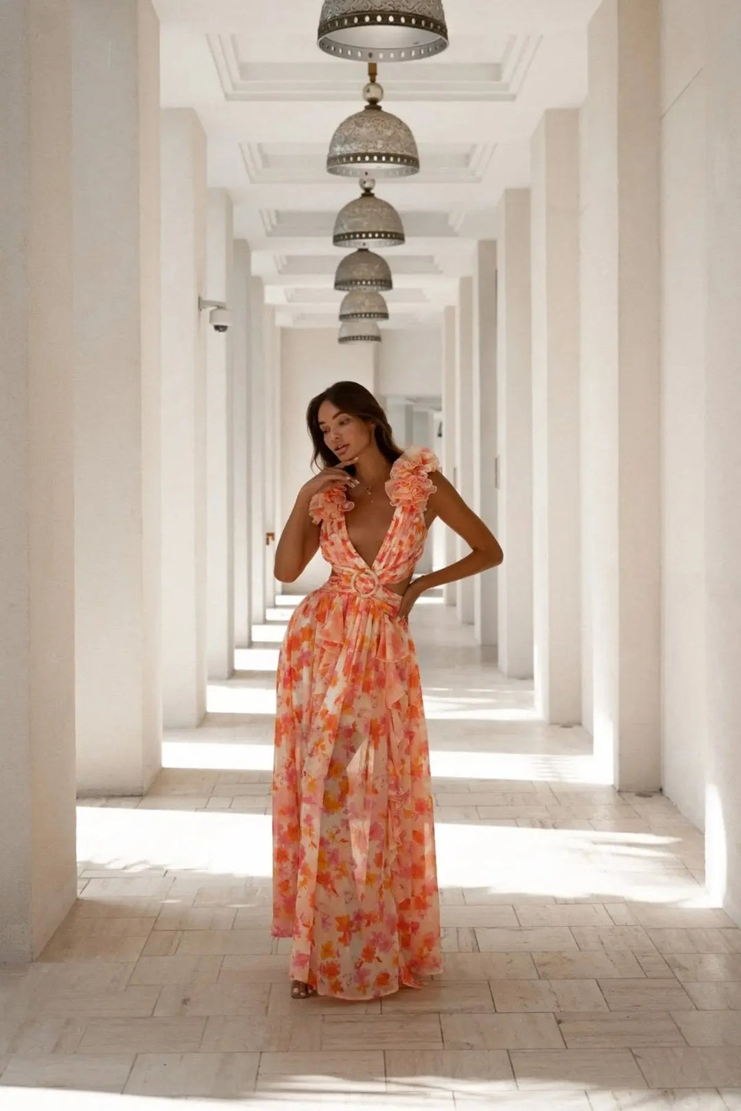 Women's Floral Boho Maxi Dress with Ruffle Details
