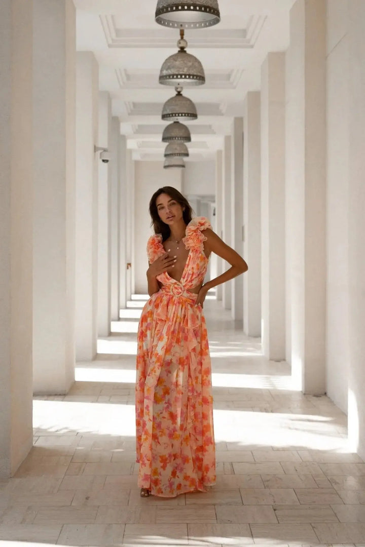 Women's Floral Boho Maxi Dress with Ruffle Details