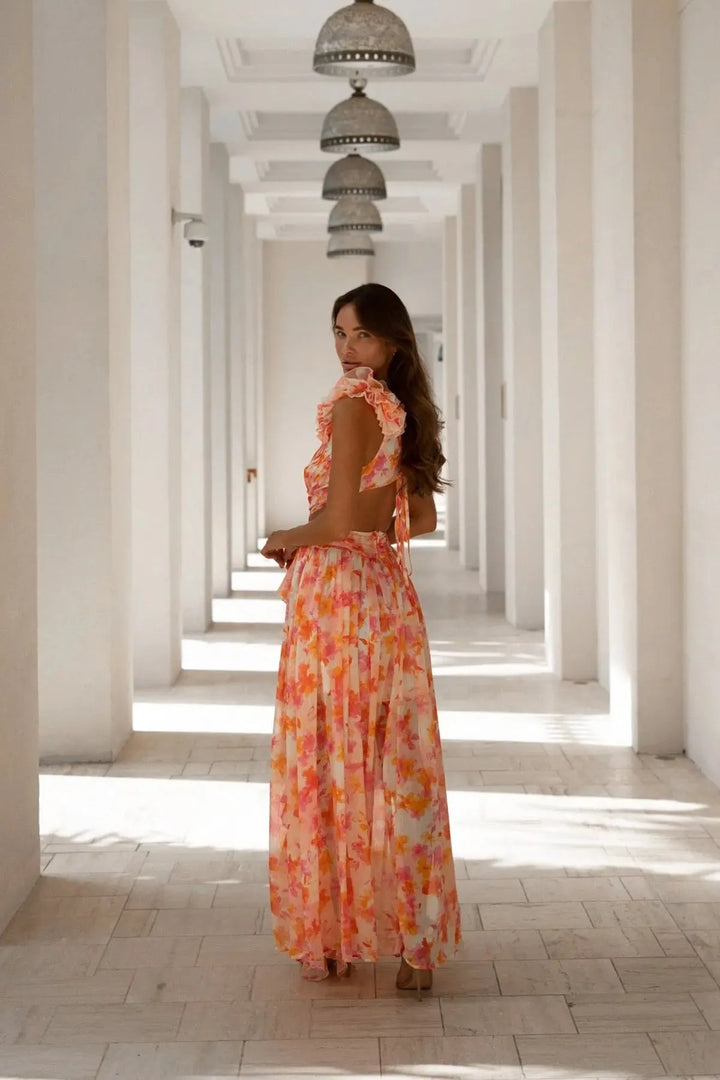 Women's Floral Boho Maxi Dress with Ruffle Details