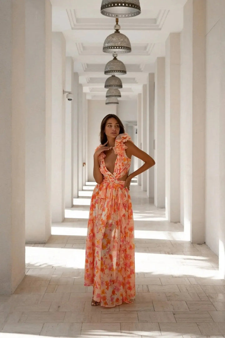 Women's Floral Boho Maxi Dress with Ruffle Details