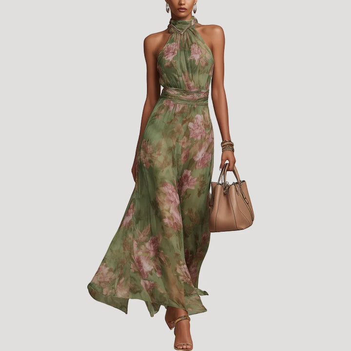 Women's Floral Elegant Maxi Dress with Halter Neckline