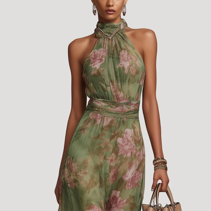 Women's Floral Elegant Maxi Dress with Halter Neckline