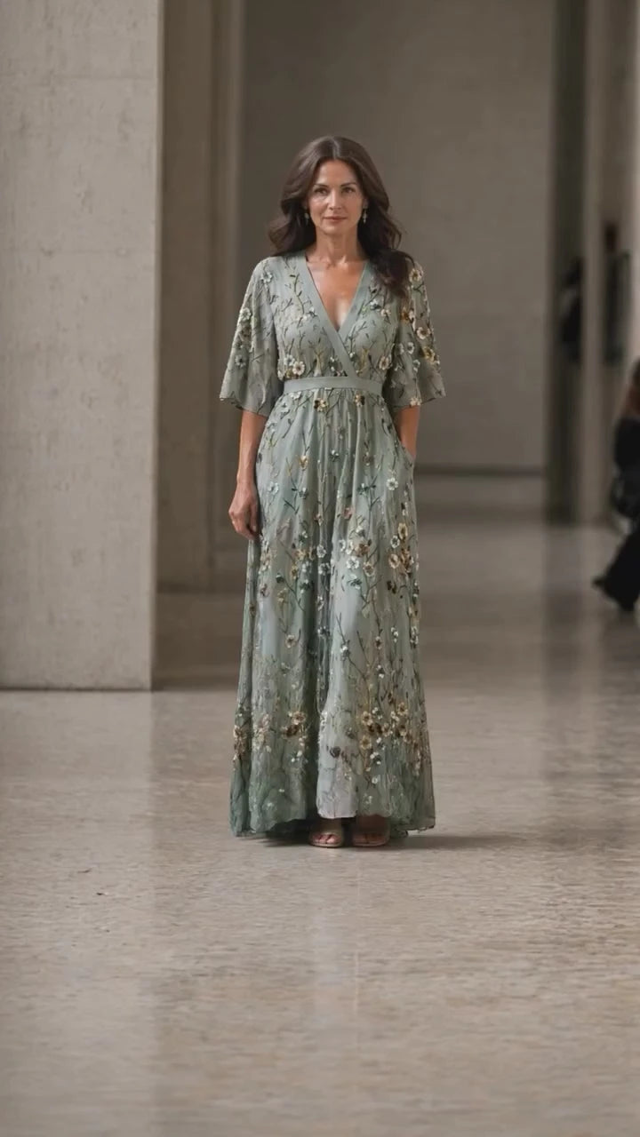 Women's Floral Embroidered Maxi Dress with V-Neckline
