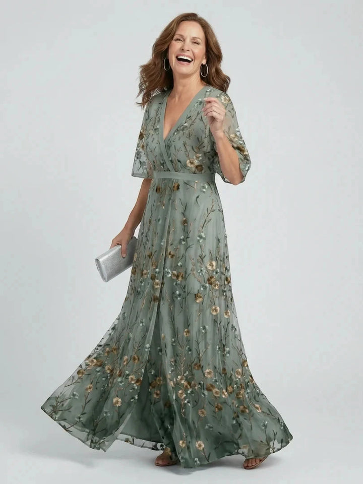 Women's Floral Embroidered Maxi Dress with V-Neckline