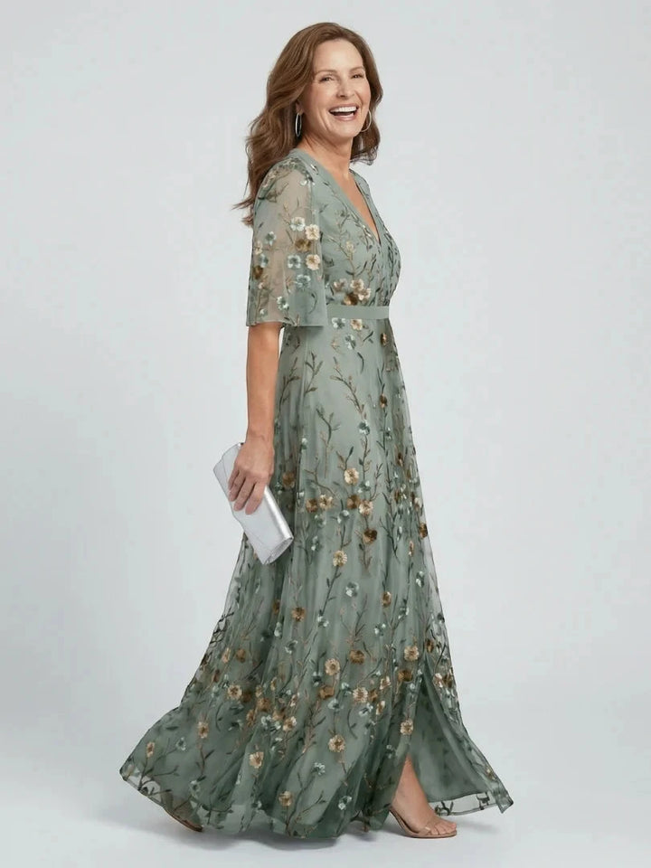 Women's Floral Embroidered Maxi Dress with V-Neckline