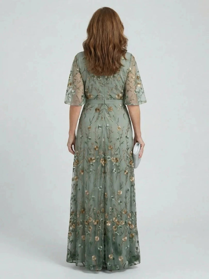 Women's Floral Embroidered Maxi Dress with V-Neckline