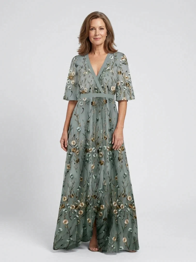 Women's Floral Embroidered Maxi Dress with V-Neckline