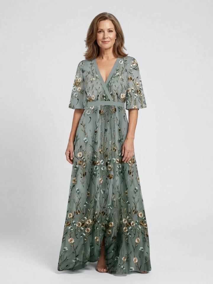 Women's Floral Embroidered Maxi Dress with V-Neckline