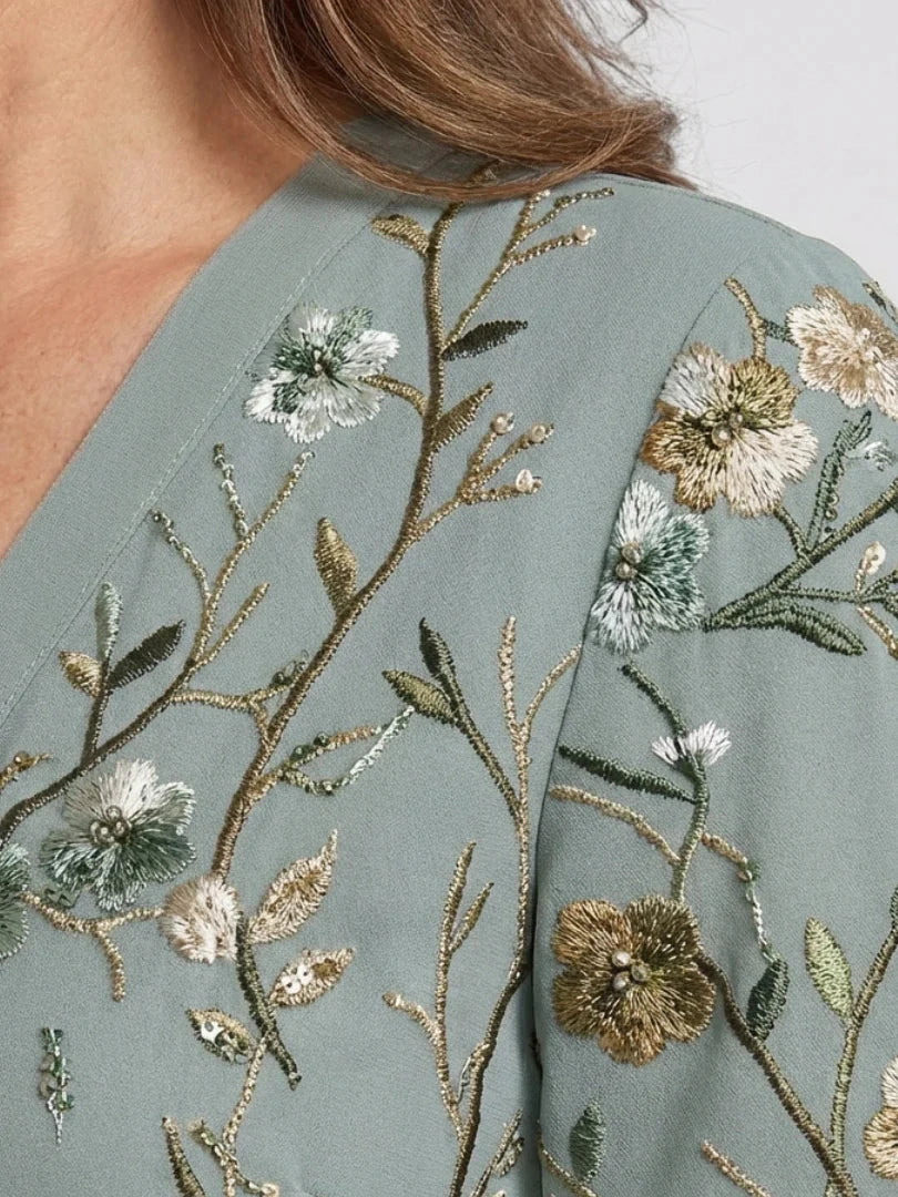Women's Floral Embroidered Maxi Dress with V-Neckline