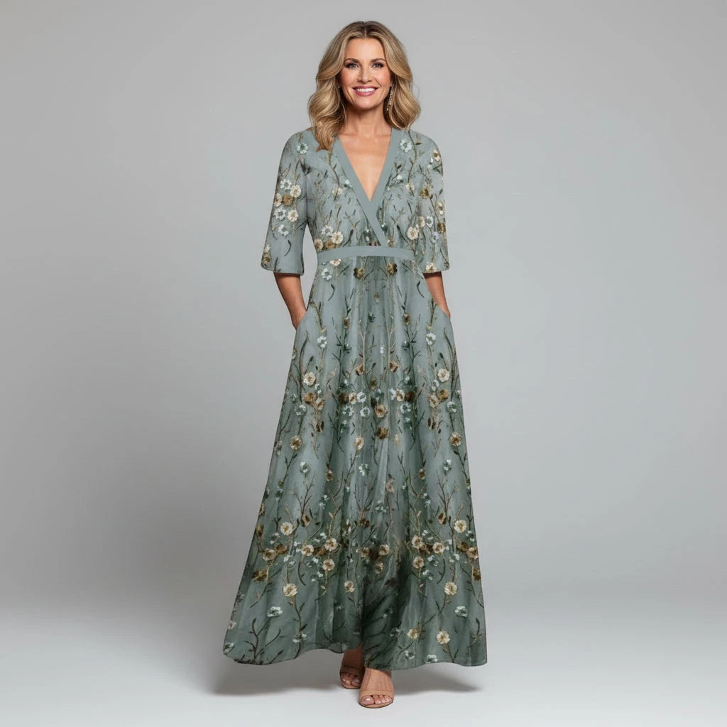 Women's Floral Embroidered Maxi Dress with V-Neckline