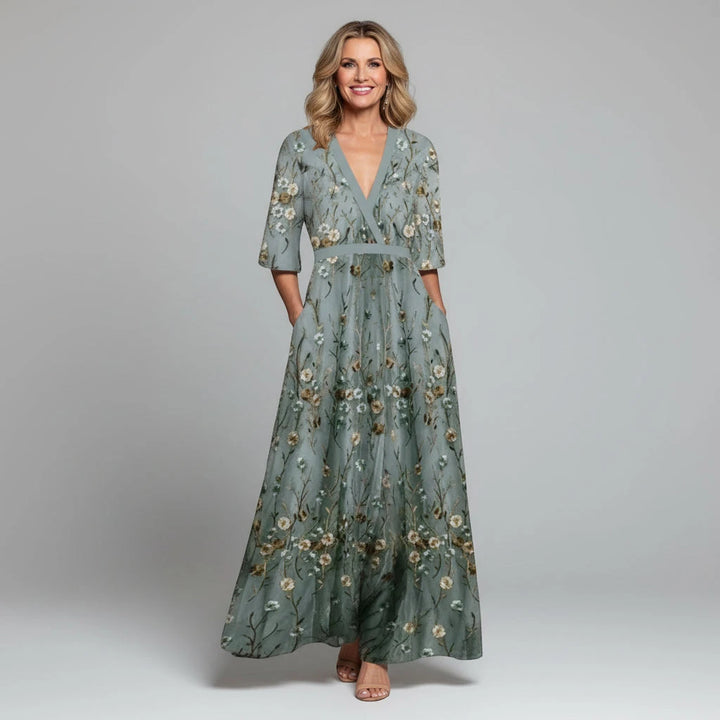 Women's Floral Embroidered Maxi Dress with V-Neckline