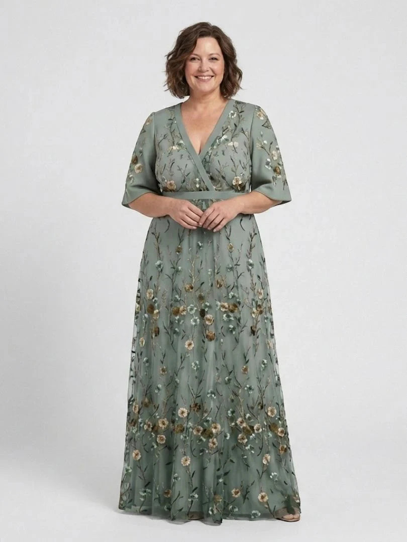 Women's Floral Embroidered Maxi Dress with V-Neckline