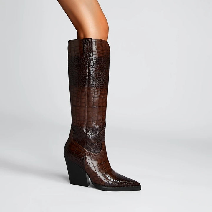 Women's Heeled Cowboy Boots with Block Heel and Wide Calf