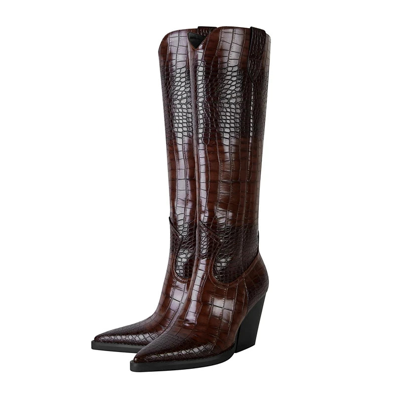 Women's Heeled Cowboy Boots with Block Heel and Wide Calf