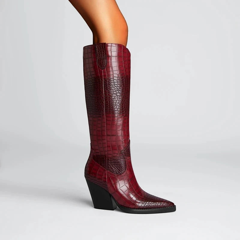 Women's Heeled Cowboy Boots with Block Heel and Wide Calf