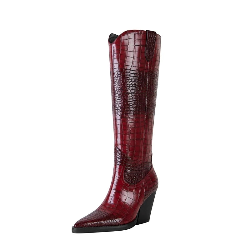 Women's Heeled Cowboy Boots with Block Heel and Wide Calf