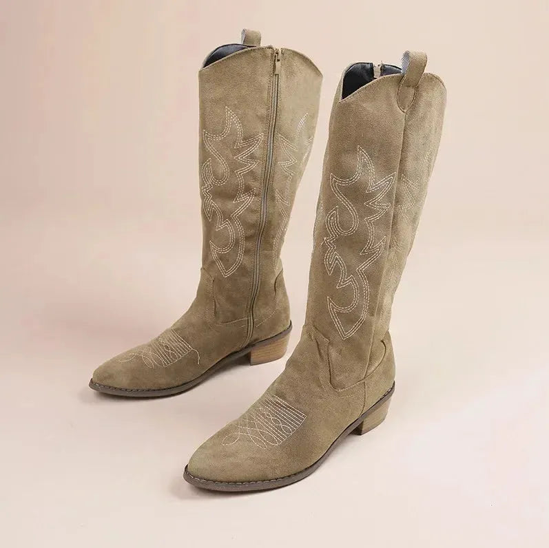 Women's Knee High Heeled Cowboy Boots with Side Zip
