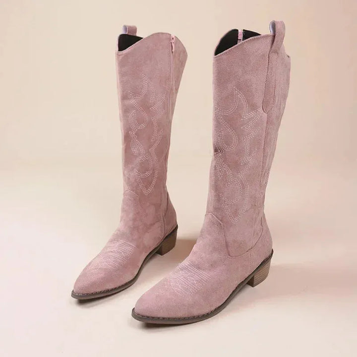 Women's Knee High Heeled Cowboy Boots with Side Zip
