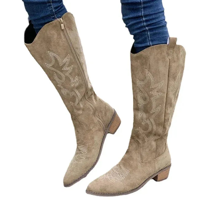 Women's Knee High Heeled Cowboy Boots with Side Zip