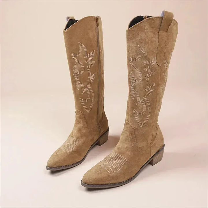 Women's Knee High Heeled Cowboy Boots with Side Zip
