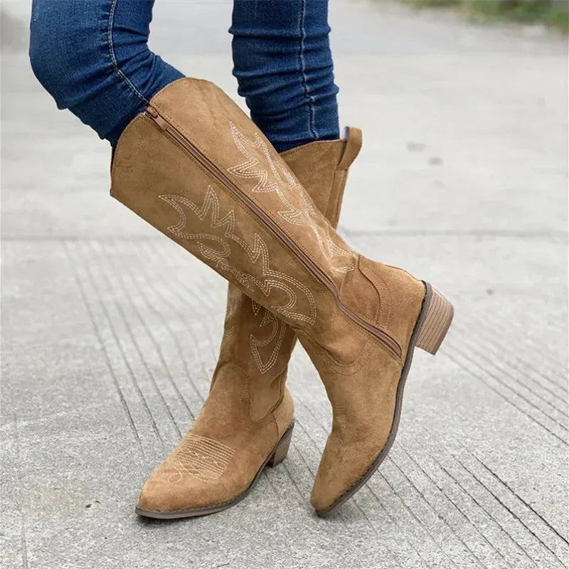 Women's Knee High Heeled Cowboy Boots with Side Zip