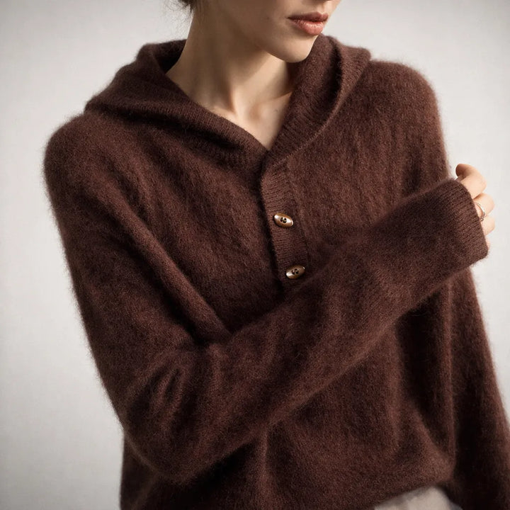 Women’s Knitted Hoodie with Button Closure and Ribbed Hem