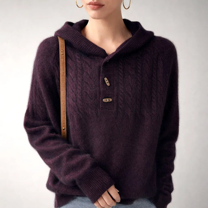 Women’s Knitted Hoodie with Button Closure and Ribbed Hem