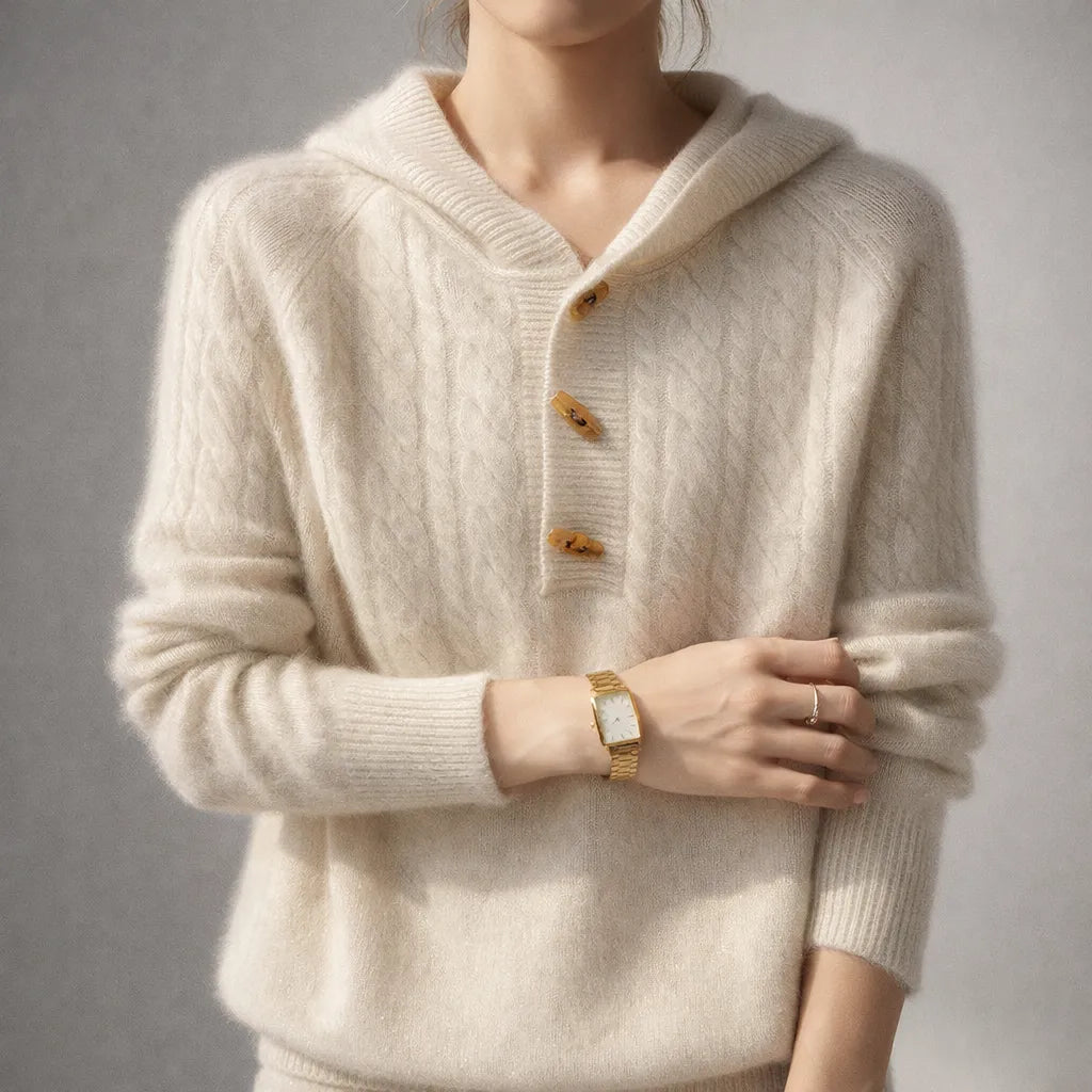 Women’s Knitted Hoodie with Button Closure and Ribbed Hem