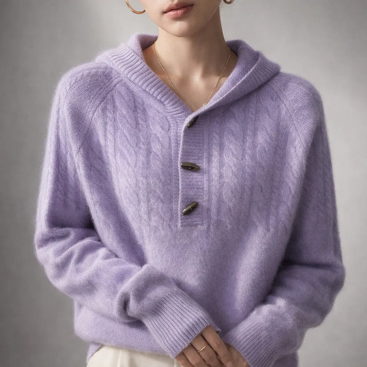 Women’s Knitted Hoodie with Button Closure and Ribbed Hem