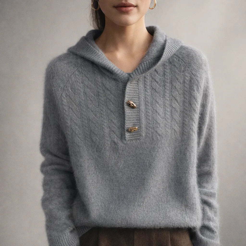 Women’s Knitted Hoodie with Button Closure and Ribbed Hem
