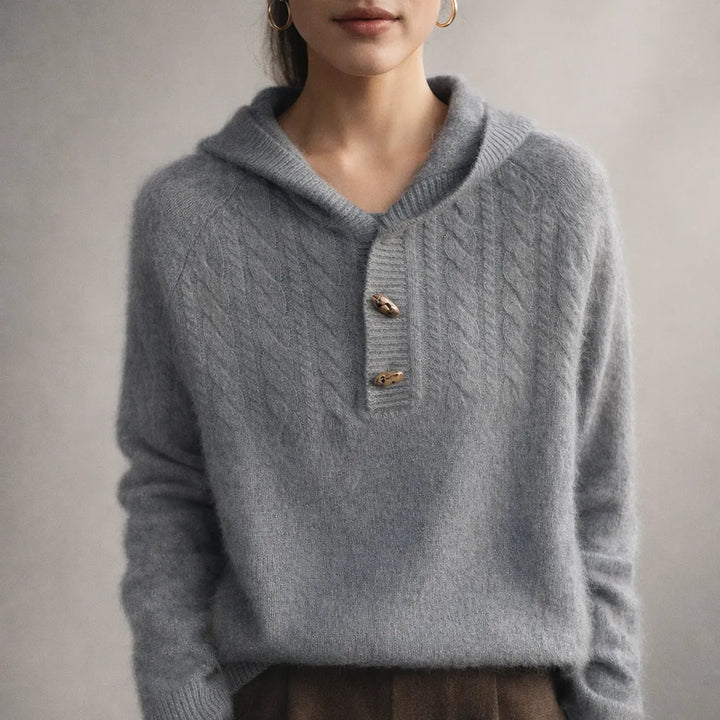 Women’s Knitted Hoodie with Button Closure and Ribbed Hem