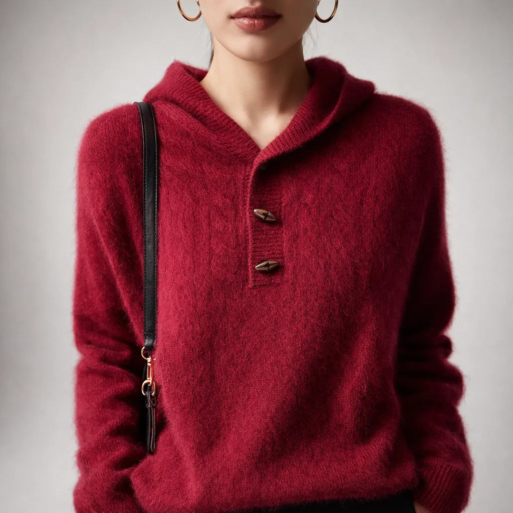 Women’s Knitted Hoodie with Button Closure and Ribbed Hem