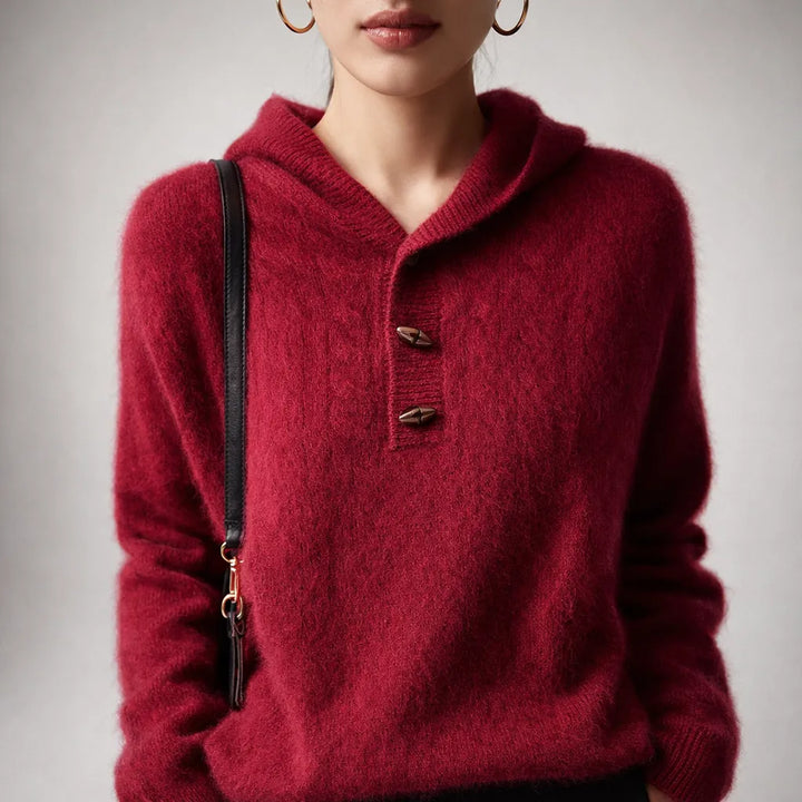 Women’s Knitted Hoodie with Button Closure and Ribbed Hem