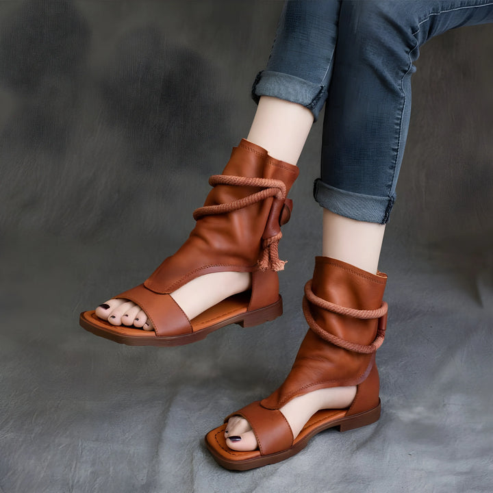 Women's Leather Flat Sandals with Soft Lining