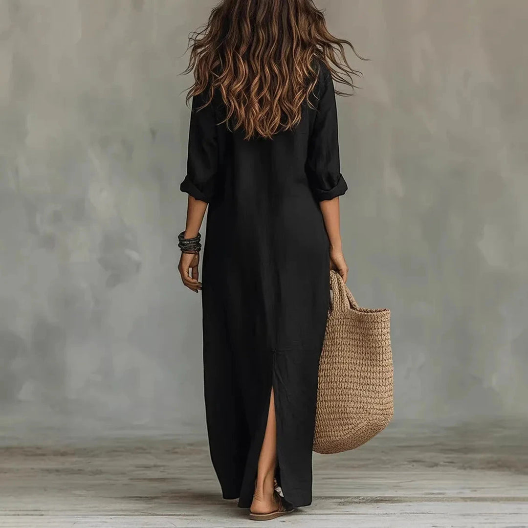 Women's Summer Long Maxi  Dress with Turn-down Collar