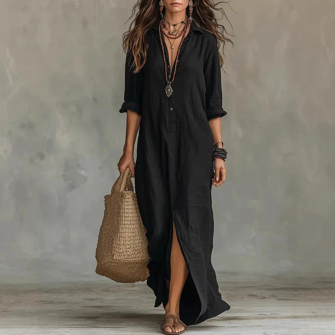 Women's Summer Long Maxi  Dress with Turn-down Collar