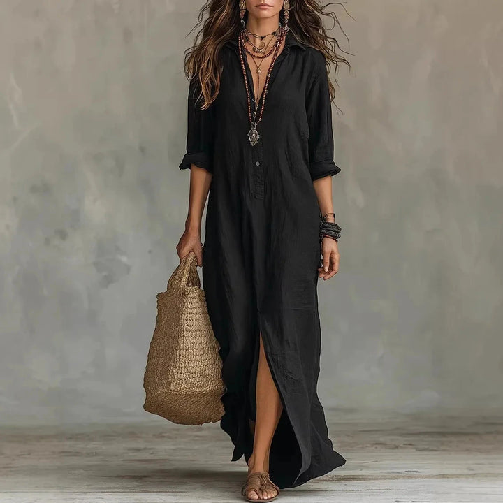 Women's Summer Long Maxi  Dress with Turn-down Collar