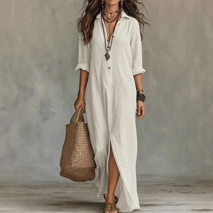 Women's Summer Long Maxi  Dress with Turn-down Collar