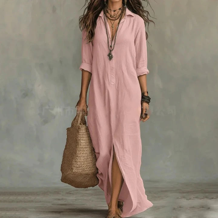 Women's Summer Long Maxi  Dress with Turn-down Collar