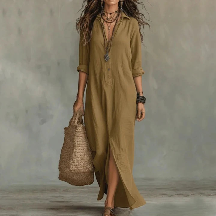 Women's Summer Long Maxi  Dress with Turn-down Collar