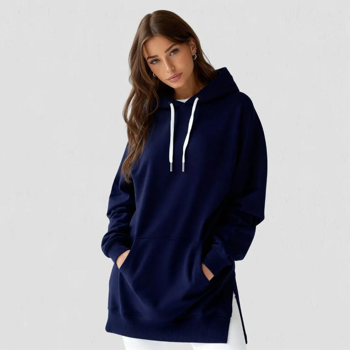 Women's Longline Hoodie with Ribbed Cuffs and Drawstring