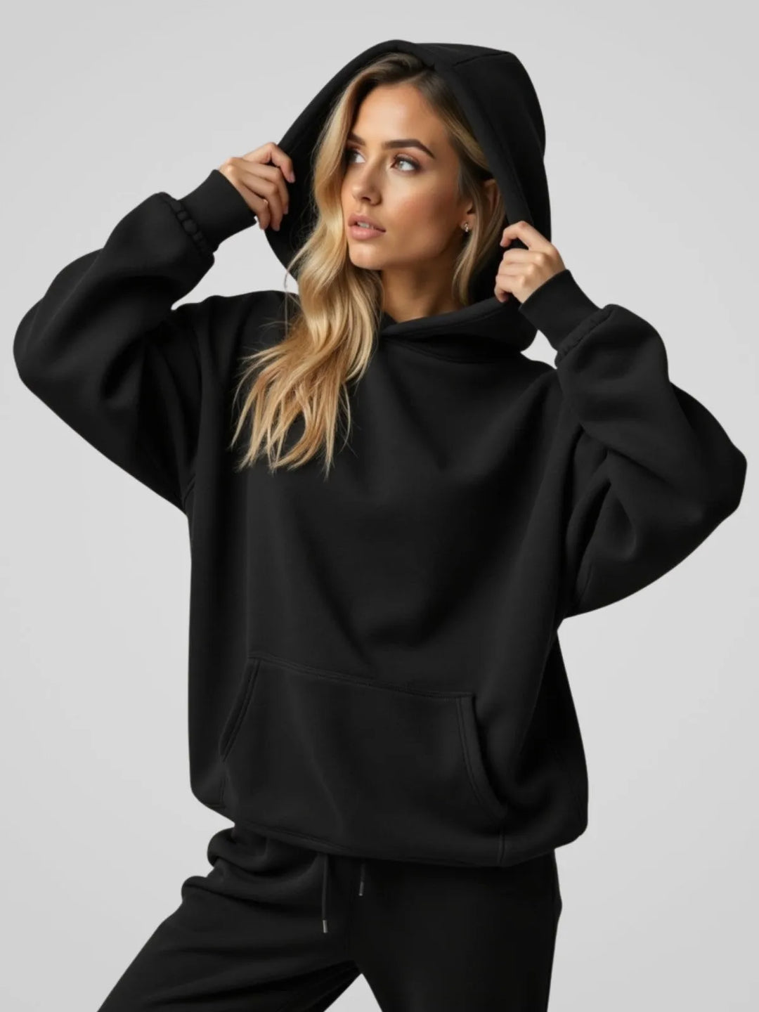 Women's Oversized Hoodie with Ribbed Hem and Balloon Sleeves