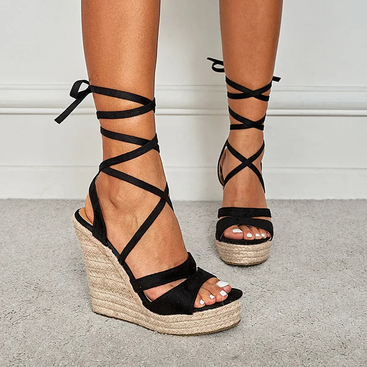 Women's Platform Heeled Sandals with Cross Straps